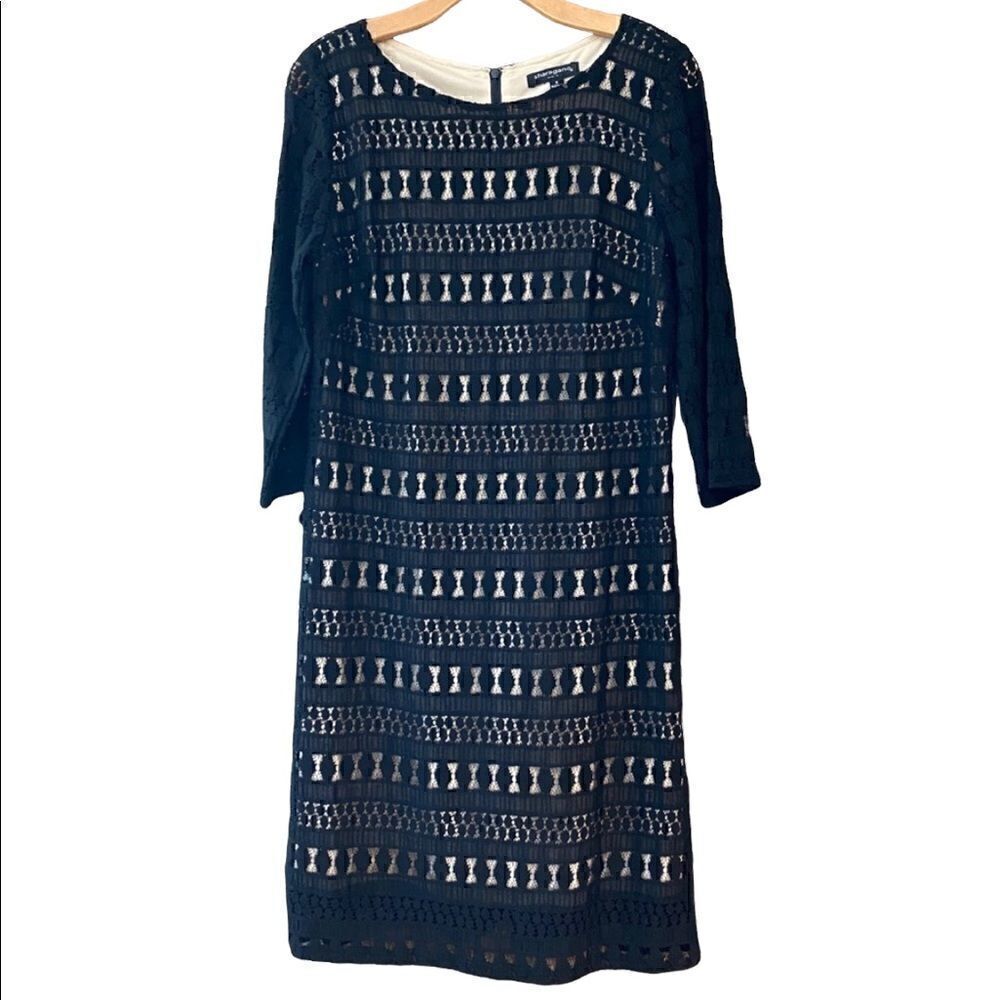 Sharagano Sz 6 Black Lace Lined Cocktail Party LBD 3/4 Sleeves Shift Dress